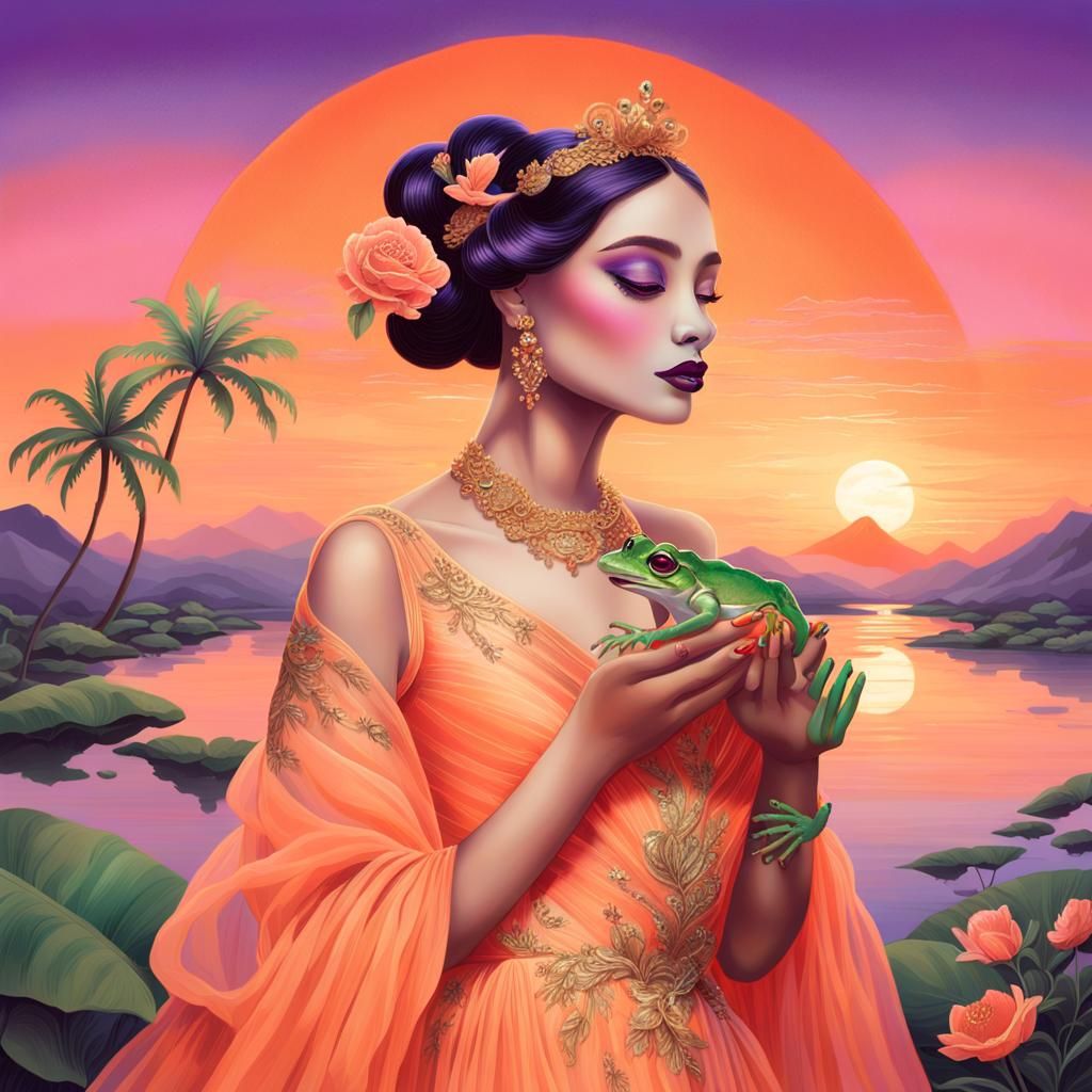 Lady with Frog in Romantic Sunset Setting