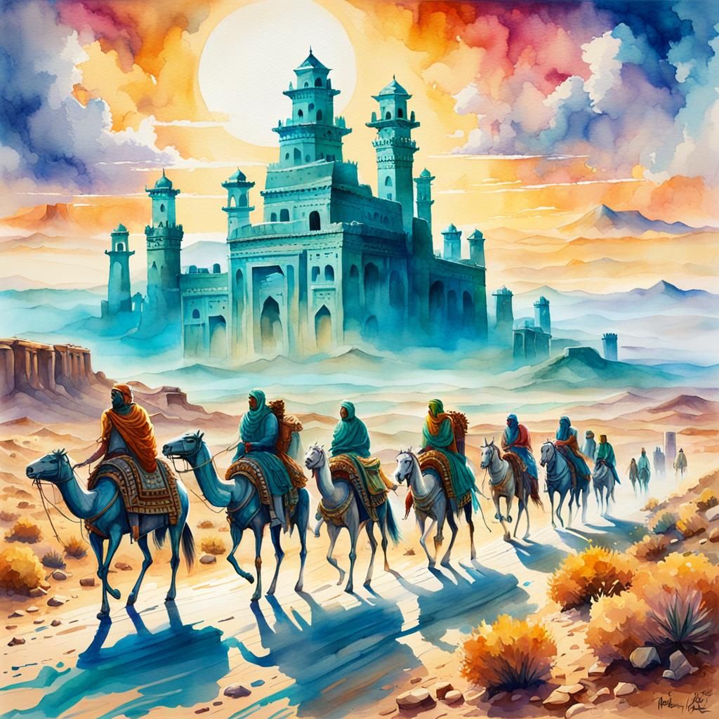 Colorful Caravan Travels Through Desert Ruins