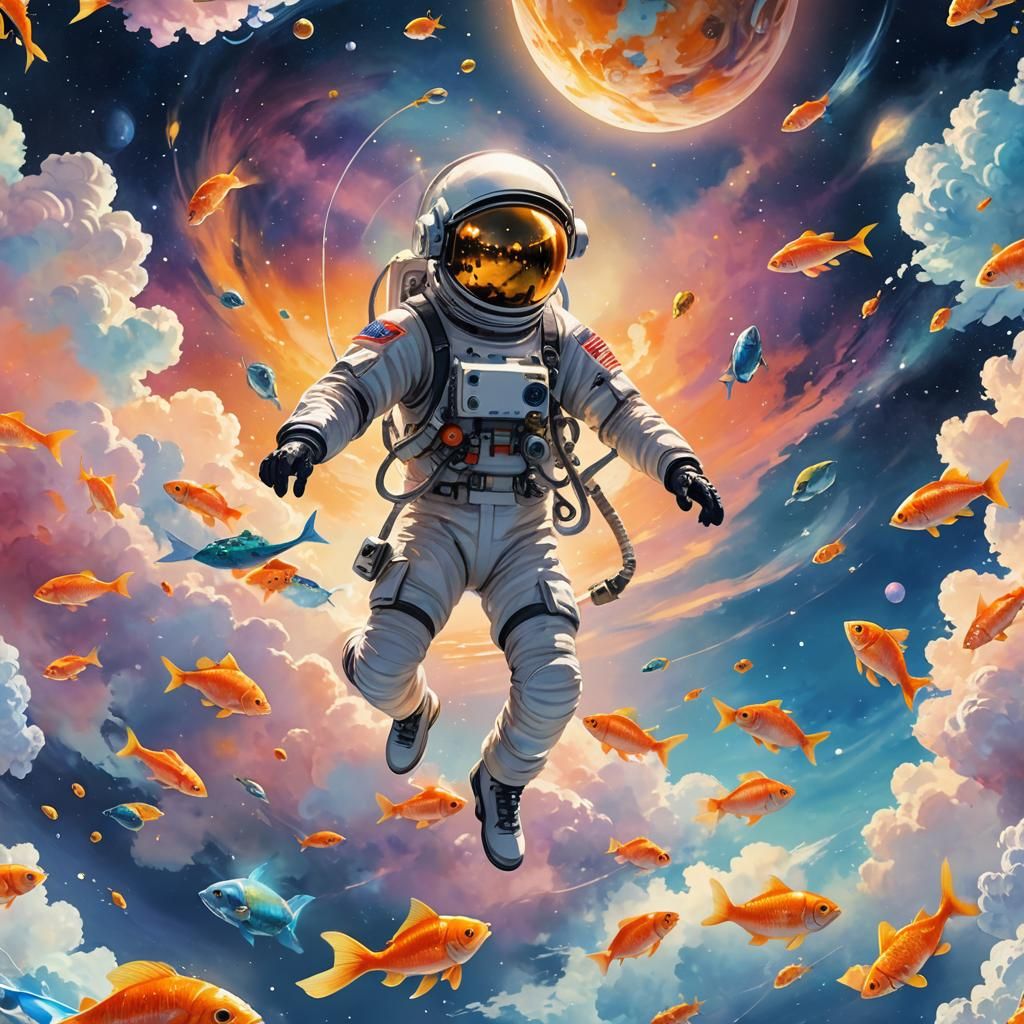 Astronaut and Fish Swim in Anime Sky