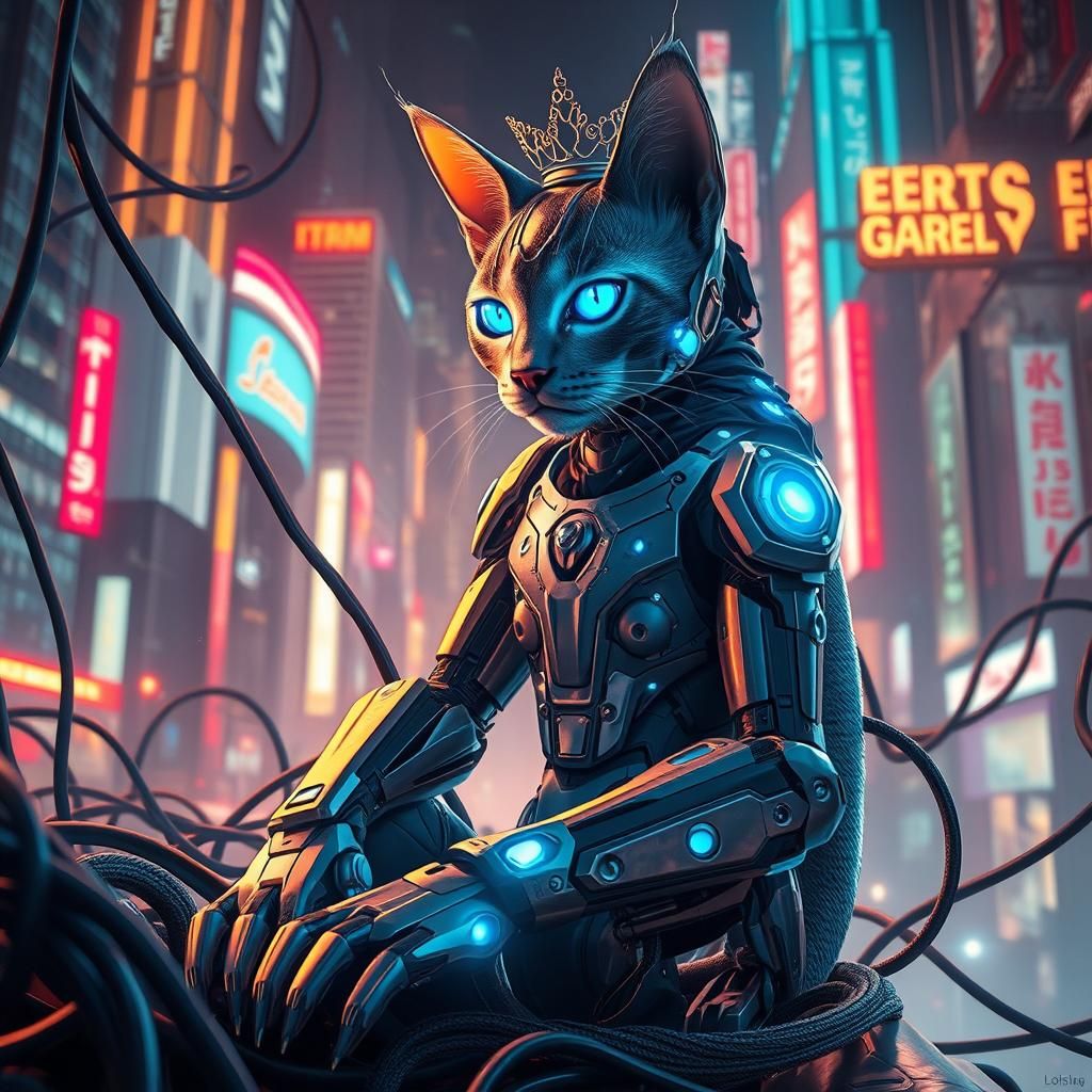Cyberpunk Cyborg Cat in Neon Cityscape
