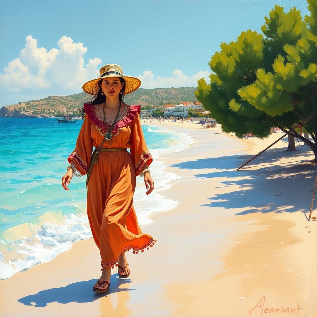 Woman in Traditional Cypriot Dress on Sunny Beach