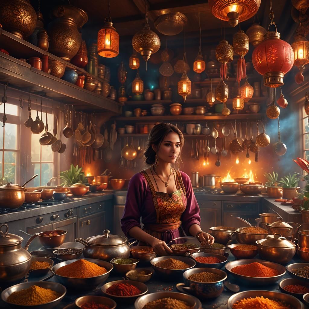 Fantasy Kitchen Concept Art: Beautiful Woman Amidst Spices