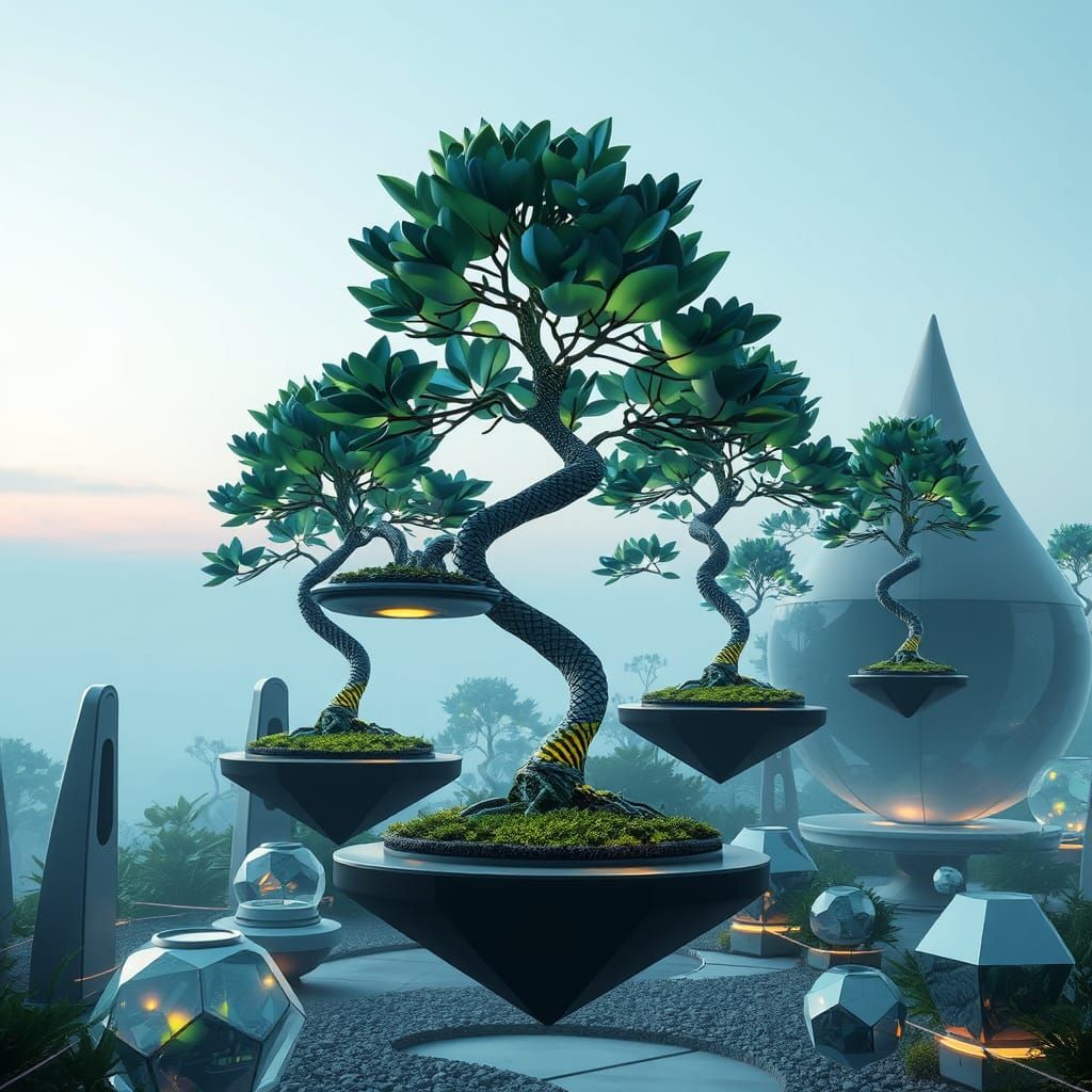 Futuristic Botanical Garden with Floating Bonsai Trees
