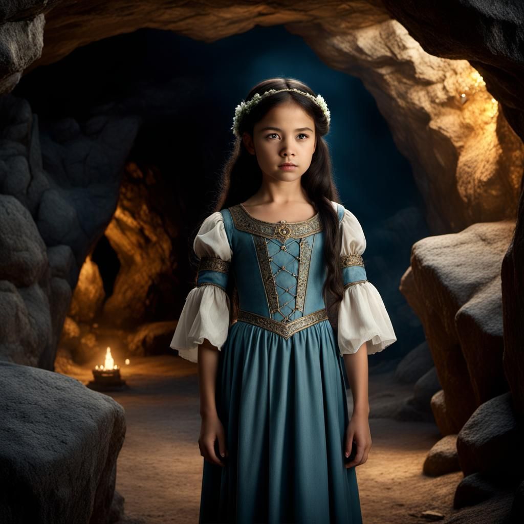 female 8 year old, light skin, dark hair, wearing a medieval chemise dress, located in a cave  Epic cinematic brilliant ...