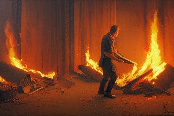 Man Burns Evidence: Sinister Oil Painting