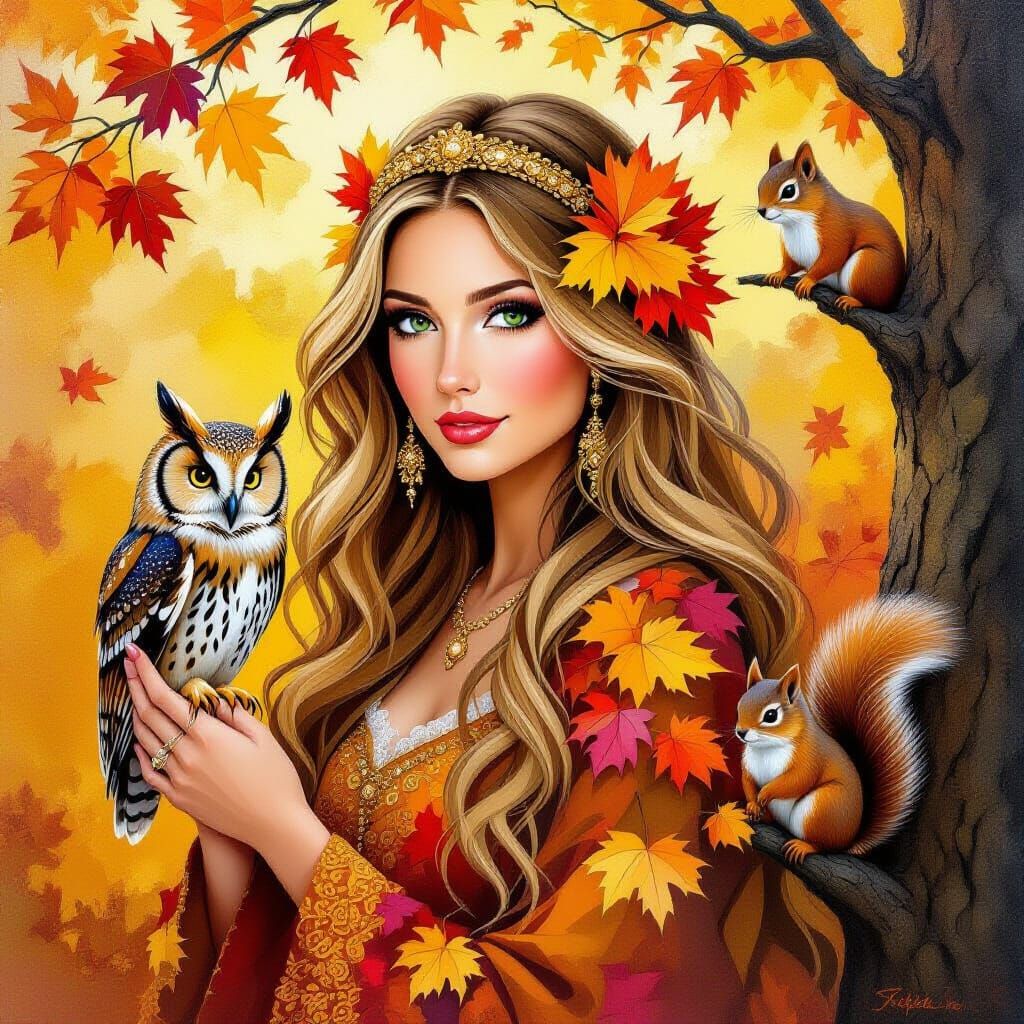 Autumn Personified: Woman with Owl in Expressive Impasto Sty...