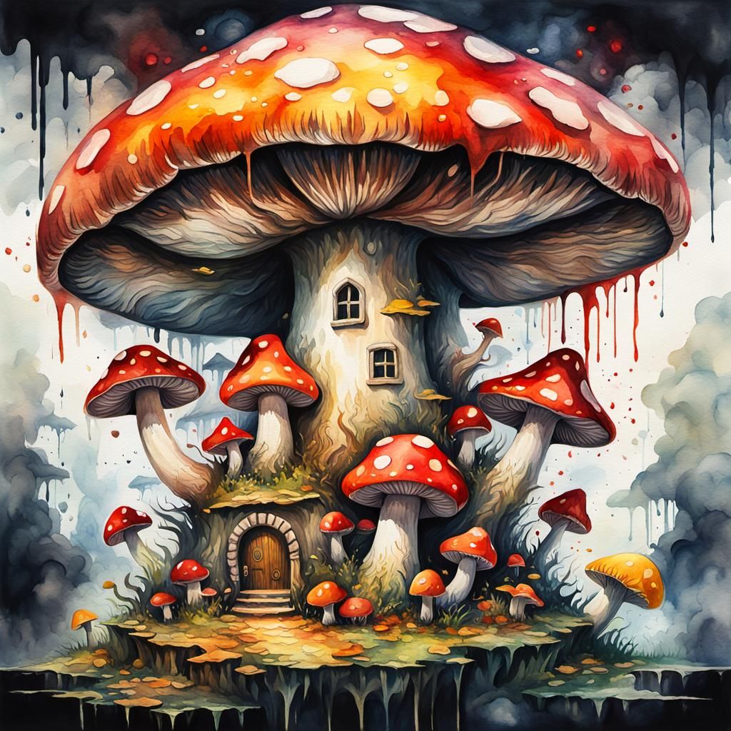 Grotesque Mushroom Kingdom in Watercolor Impasto