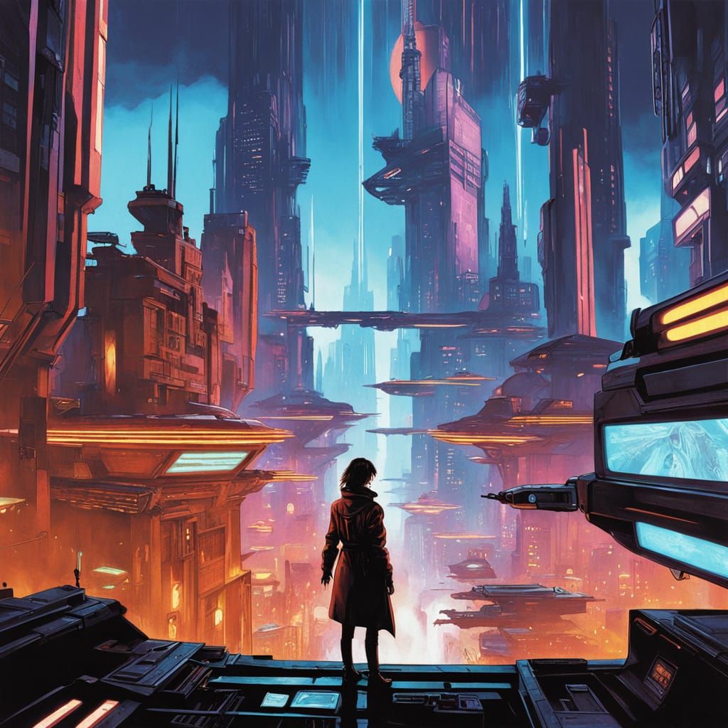 Cyberpunk Woman Surveys a Futuristic Metropolis
