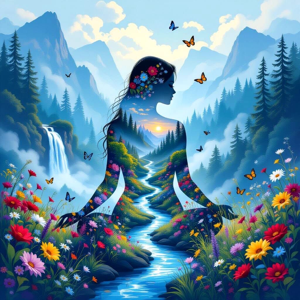 Serene Silhouette Blends with Vibrant Natural Landscape