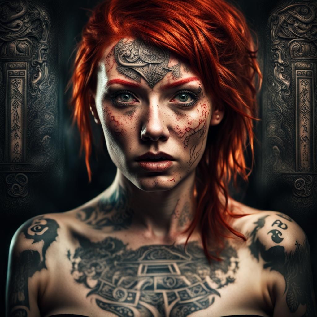 Hyperrealistic Redhead with Scar Tattoos