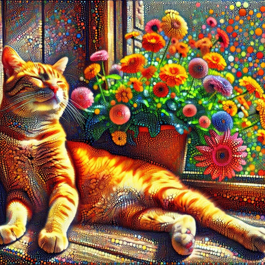Ginger Cat in Pointillist Garden, Hyper-Detailed HDR