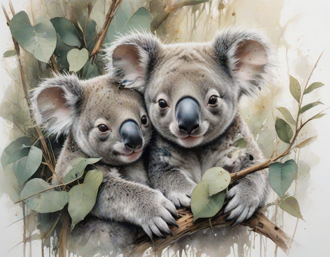 Koala Joeys in Eucalyptus Cradle, Ink and Watercolor Style