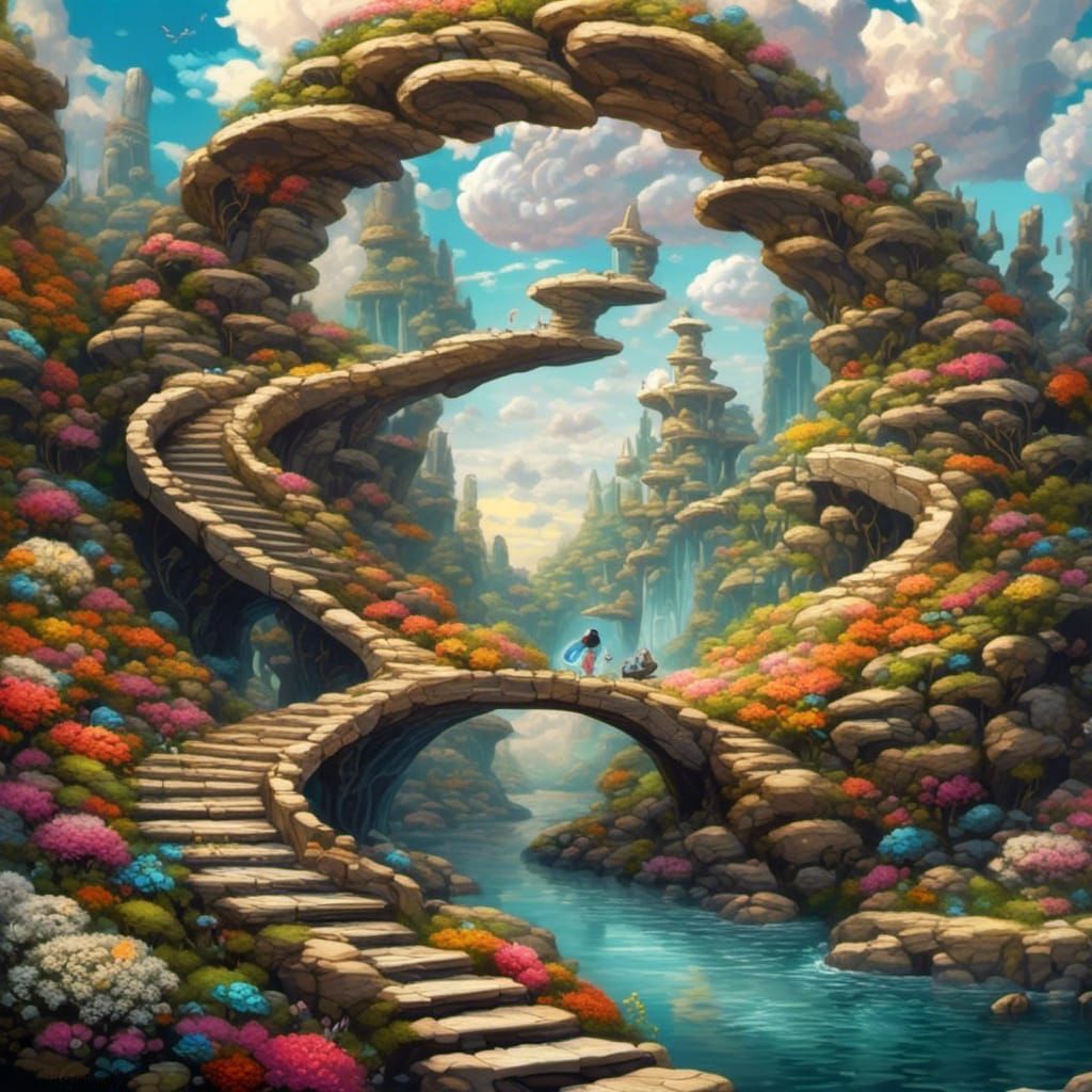 Surreal Landscape with Clockpunk Portal and Fairy Village