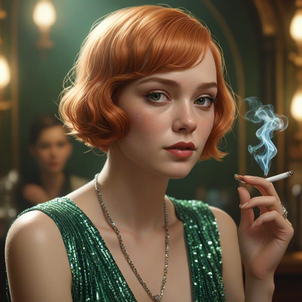 Art Deco Flapper Portrait in Speakeasy with Cigarette
