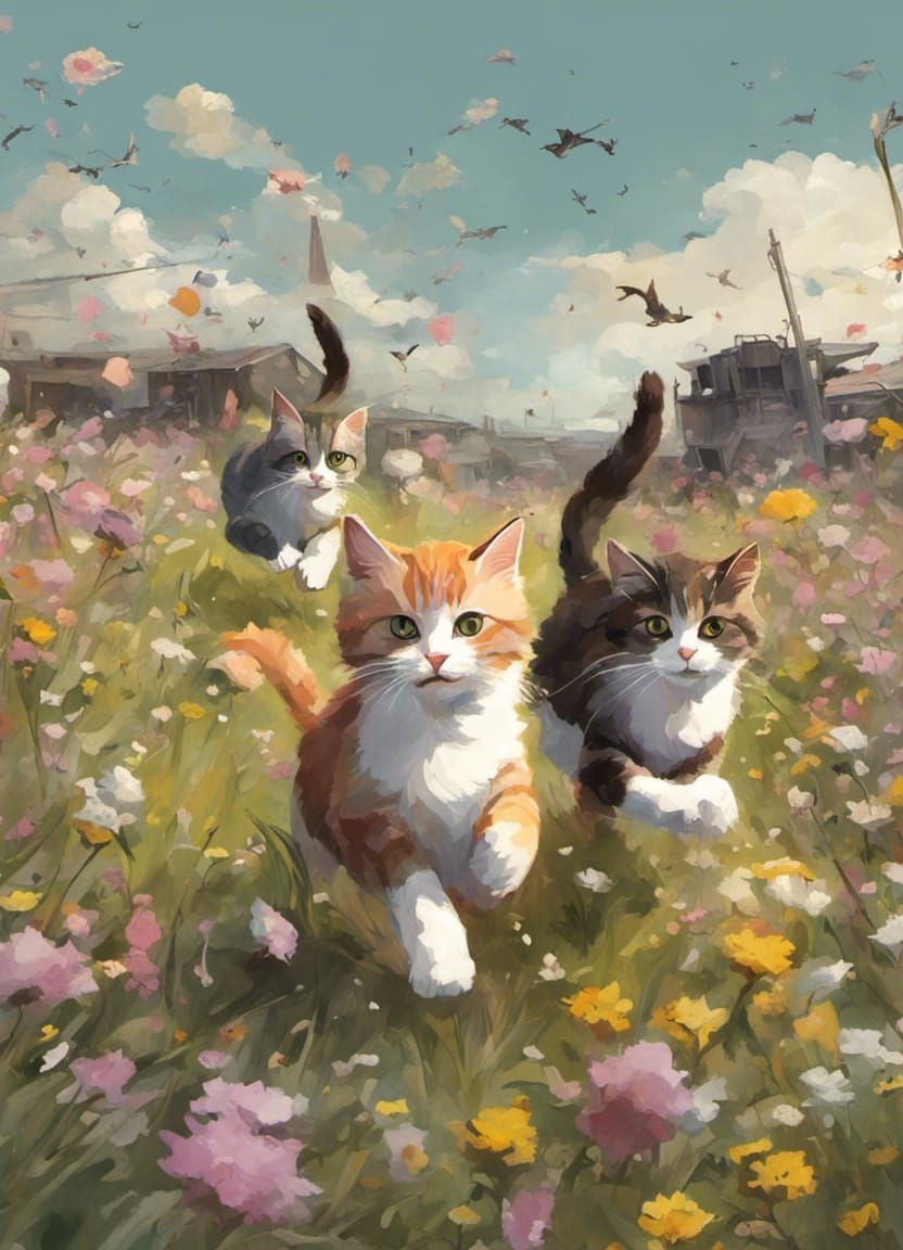Cats Playing in a Post-Apocalyptic Flower Field