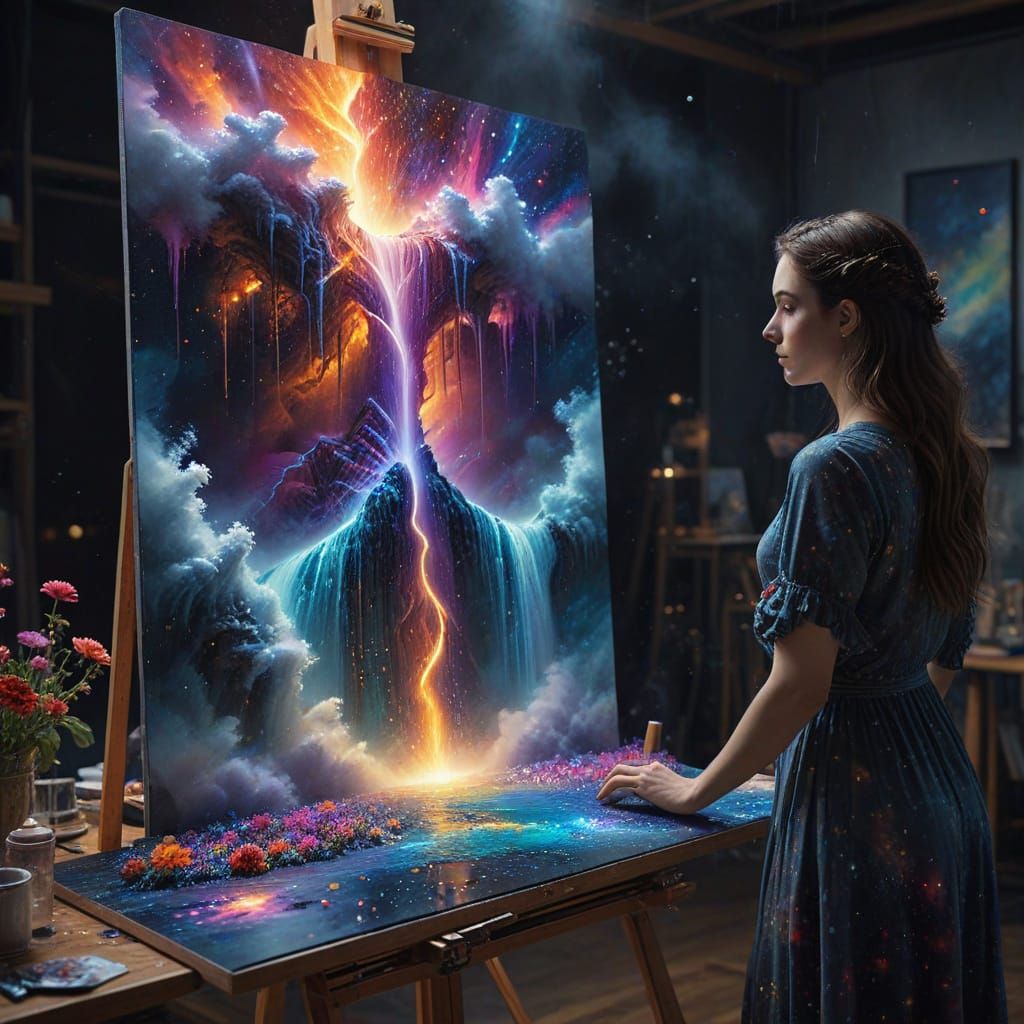 Female Artist Painting Cosmic Waterfall as Watercolor Collag...