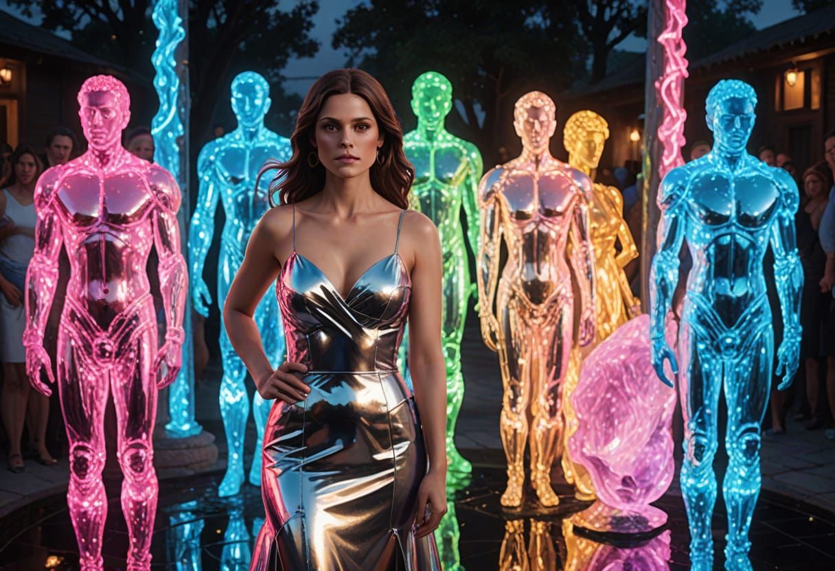 Morgan Webb in Chrome Dress at Outdoor Party