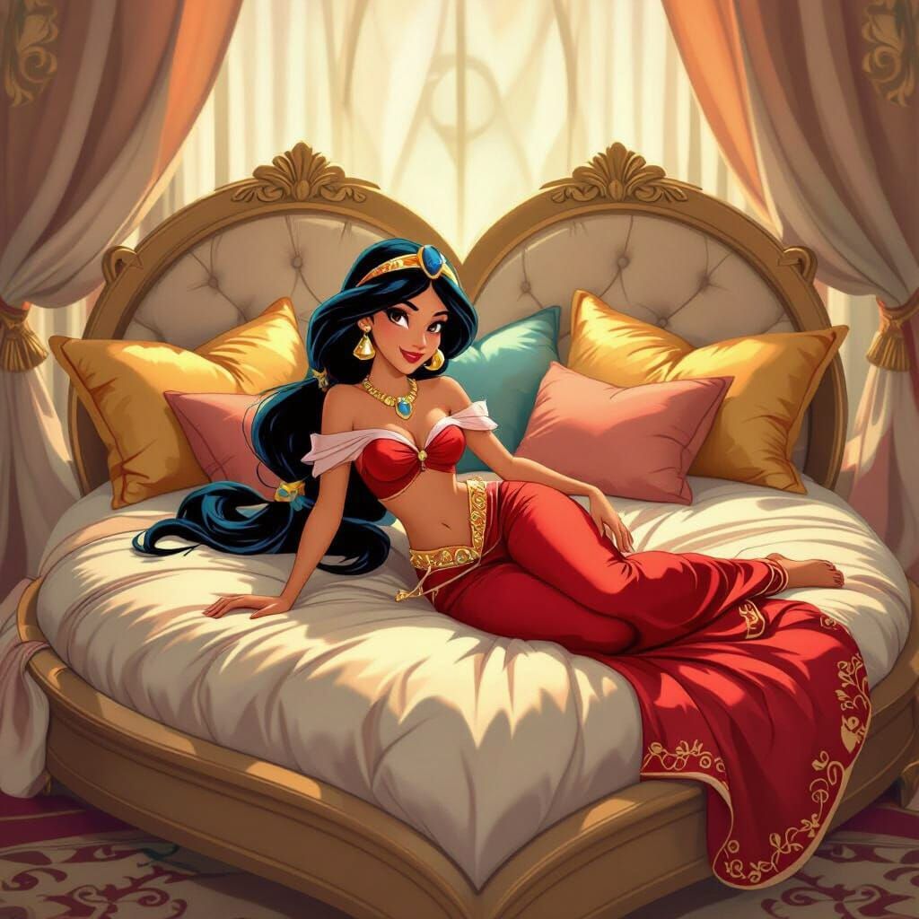 Princess Jasmine Relaxing on Heart Bed in Red Harem Suit