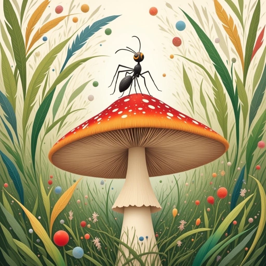 Whimsical Ant on a Fantastical Toadstool in a Dreamlike Mead...