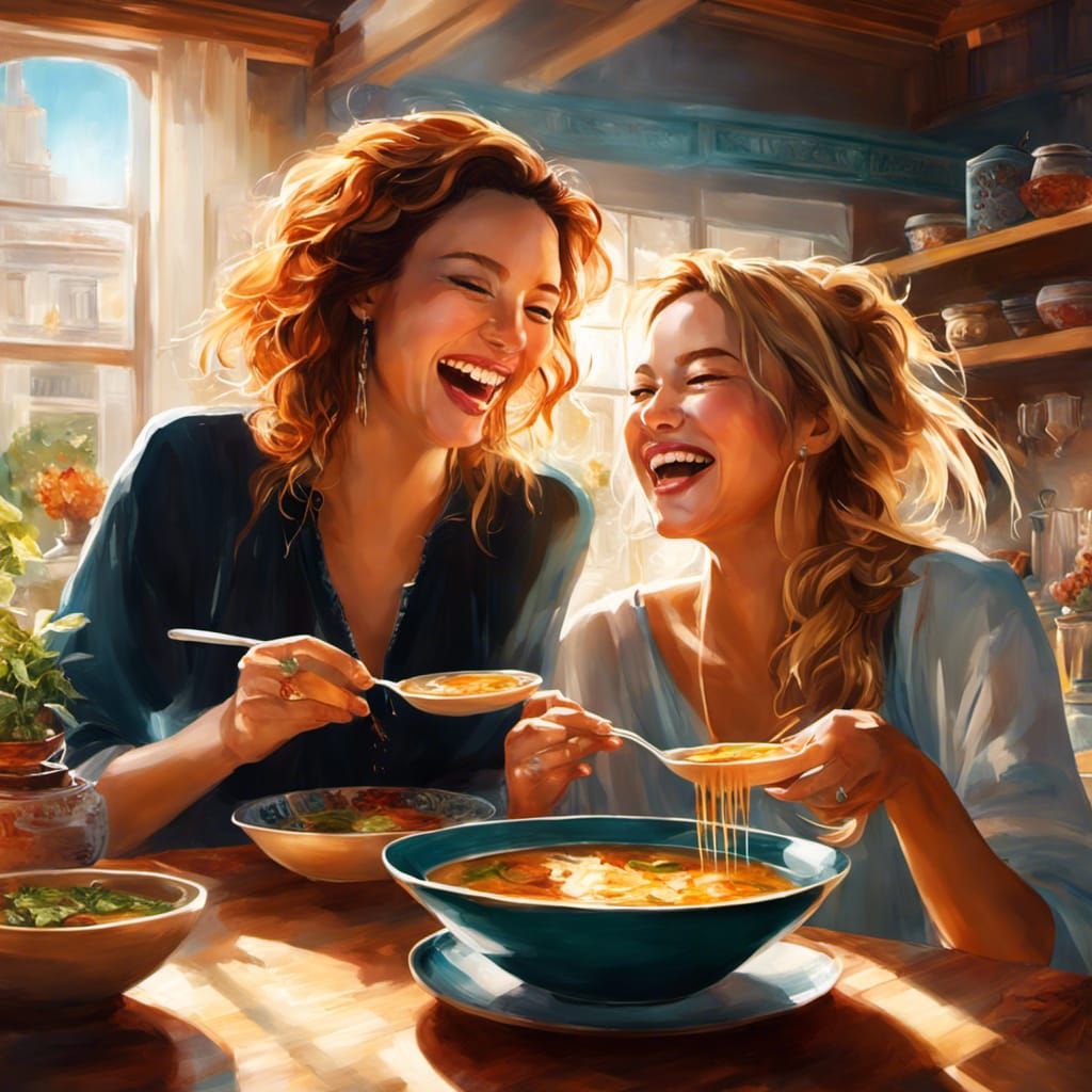 Two Women Sharing Soup in Sunny Kitchen