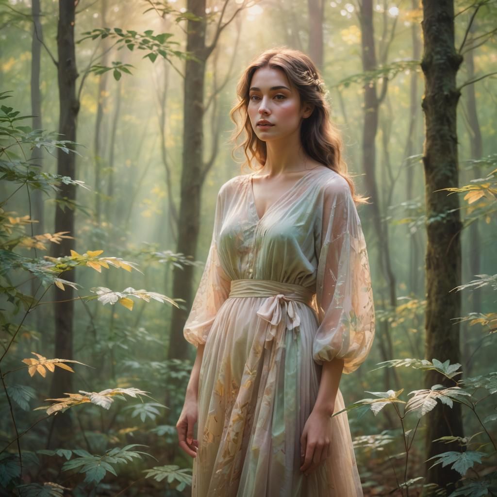 Enchanting Woman in Serene Forest, Impressionistic Masterpie...