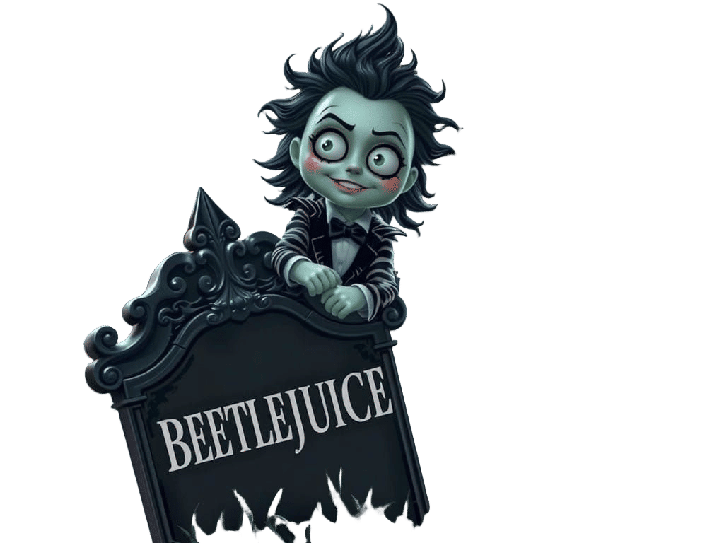 Beetlejuice Smirks from Beyond the Grave in Gothic Style