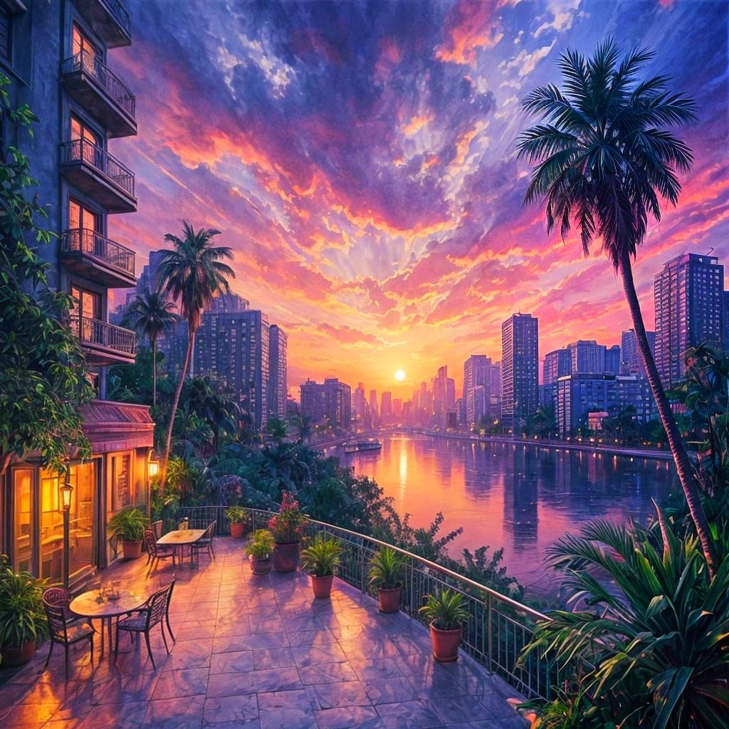 Watercolor Cityscape at Sunset with Tropical Terrace