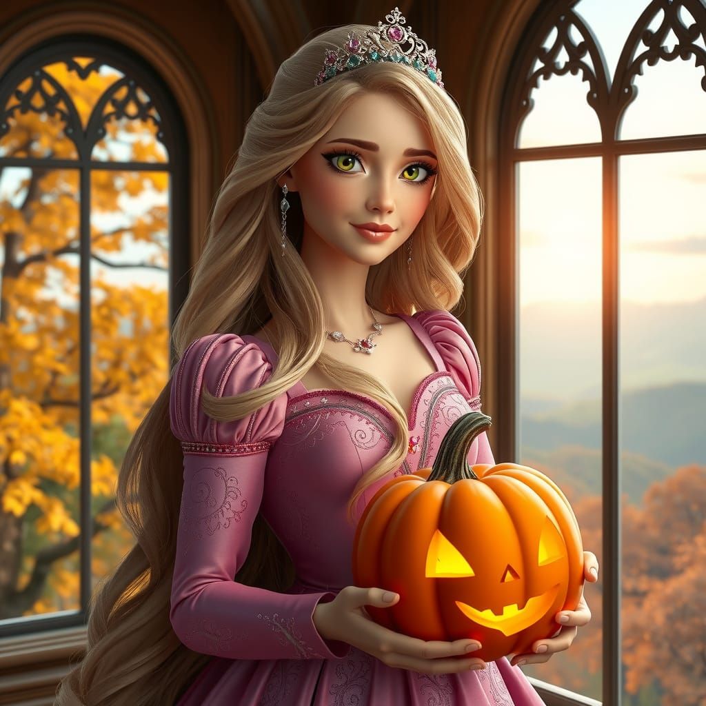 Rapunzel in Autumn Ballgown Holding Pumpkin