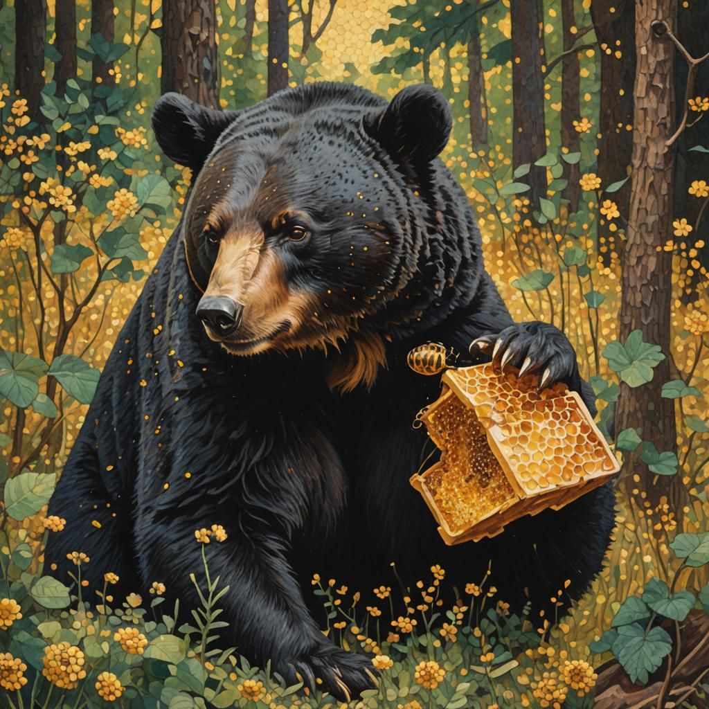 Black Bear Eats Honey: Pointillism Dot Art