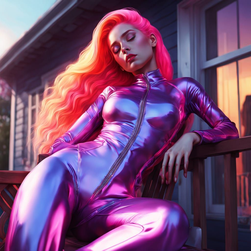 Surreal Portrait of a Young Woman in a Plastic Suit, Set Aga...