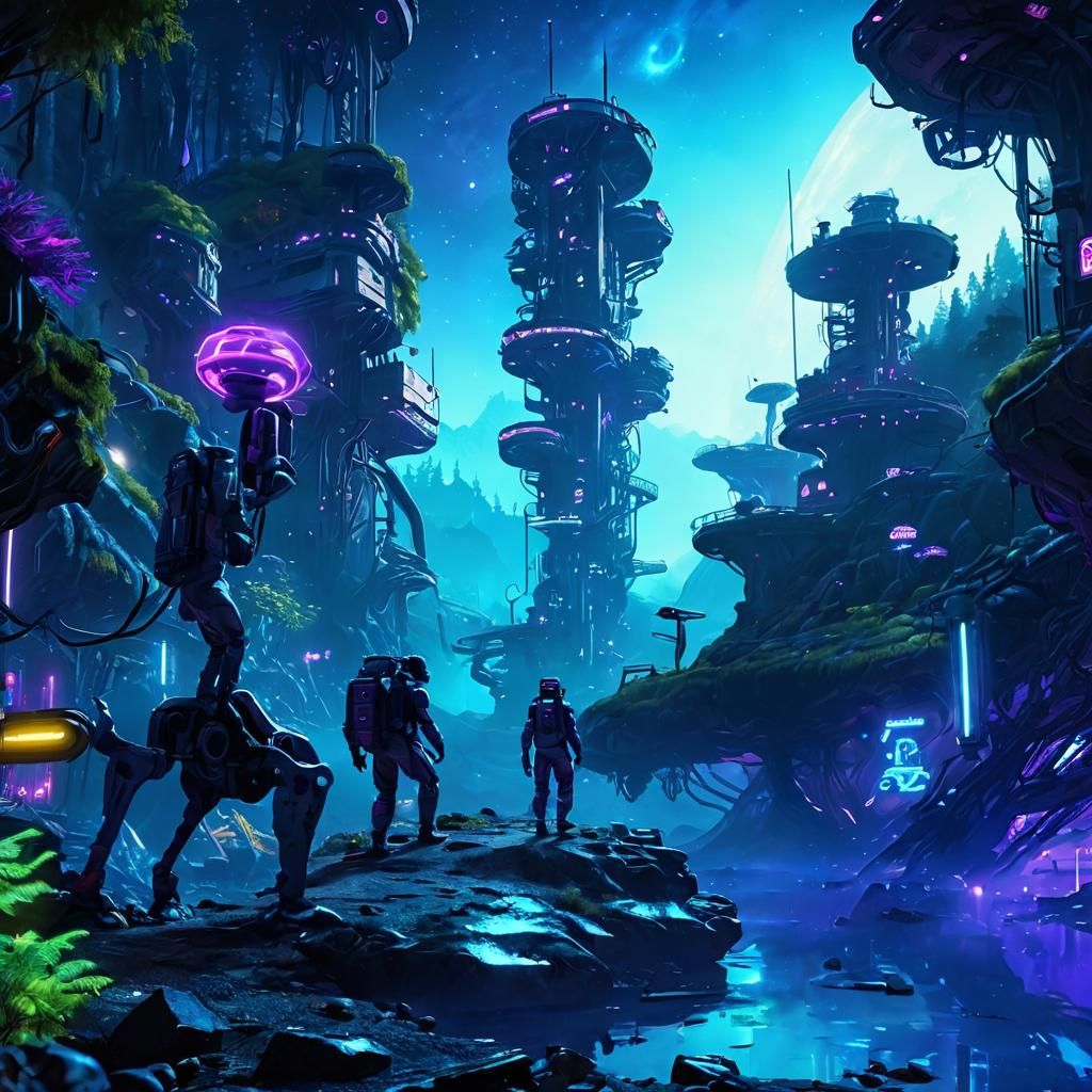 Cyberpunk Astronauts Explore Neon Forest Planet
