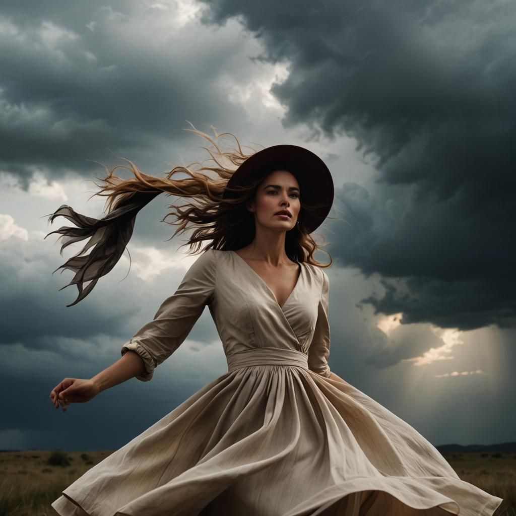 Woman in Wind: A Hyperrealistic Cinematic Still