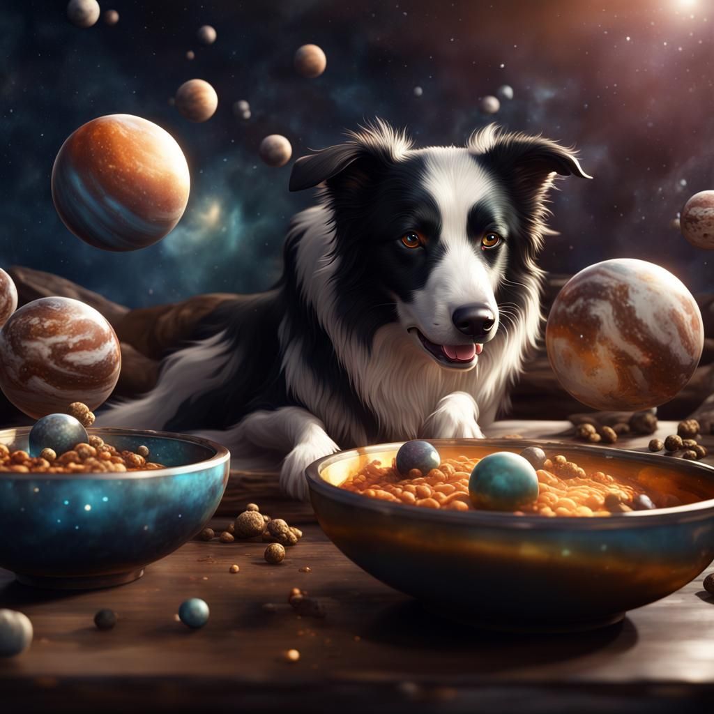 Border Collie's Cosmic Feast: Planets in a Bowl