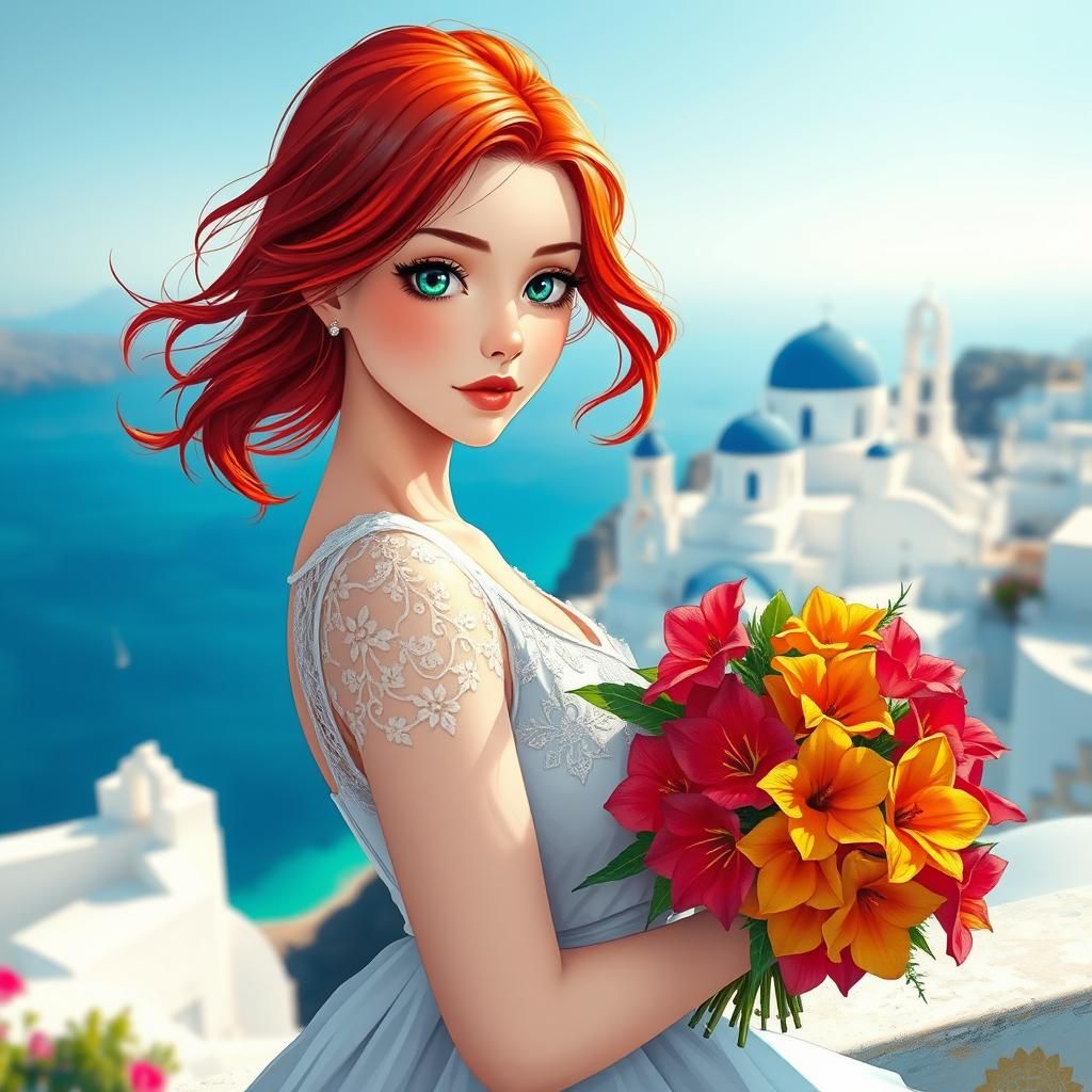Anime Girl on Santorini in Digital Oil Painting Style