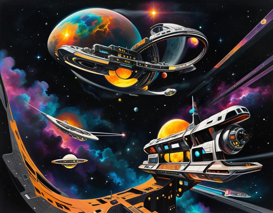 Chrome Celtic Spacestation in Nebula, Charcoal Drawing