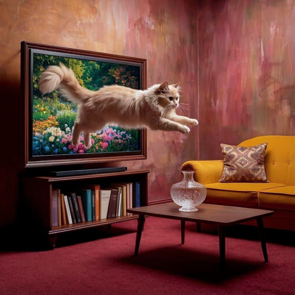 Ragdoll Cat Leaps From Vintage TV into Dreamlike Scene
