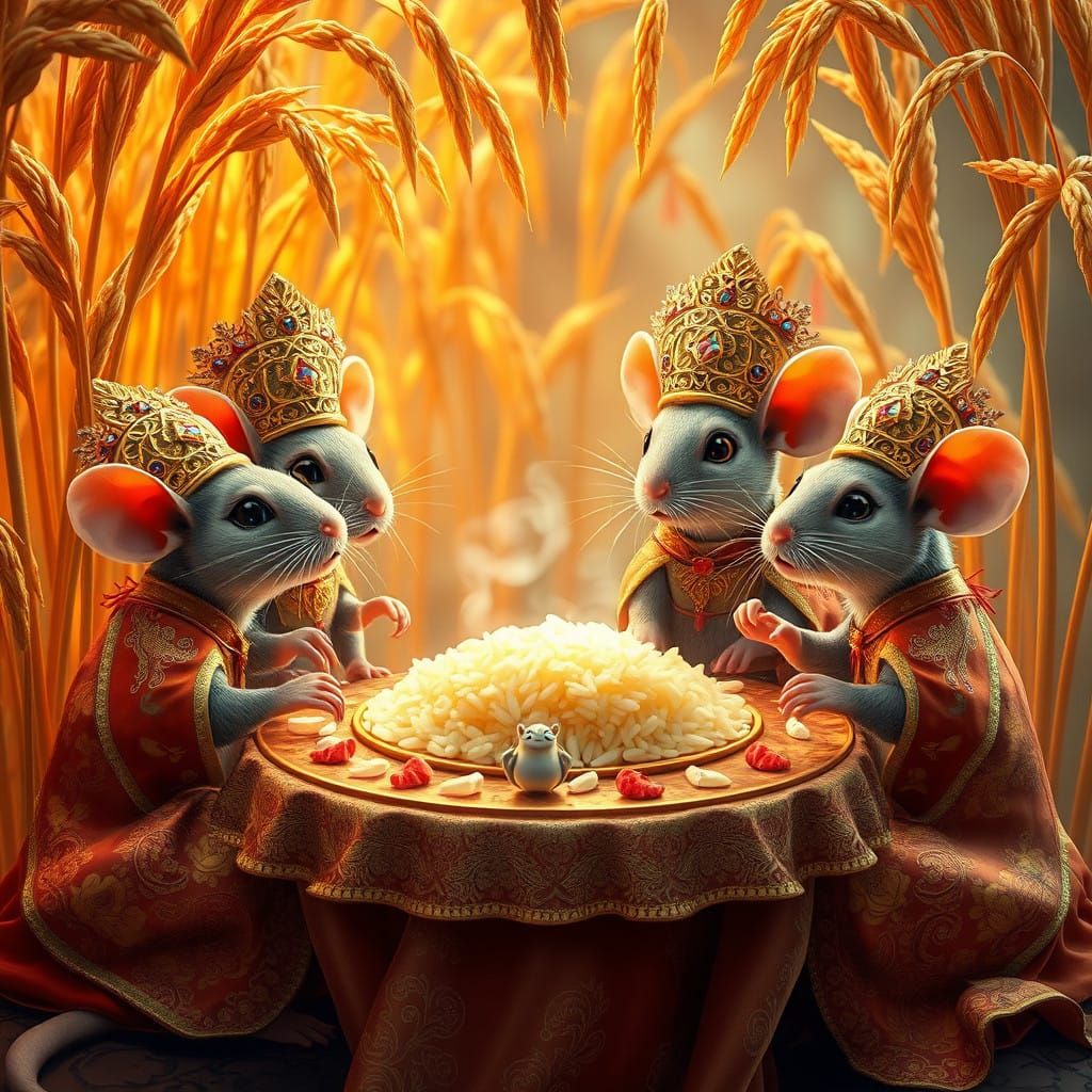 Whiskered Mice in Golden Headdresses Feast on Saffron Rice