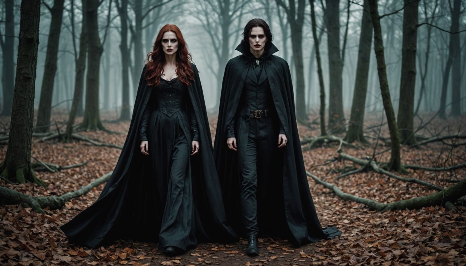 Elegant Vampire Woman Seeks Blood in Dark Woodlands