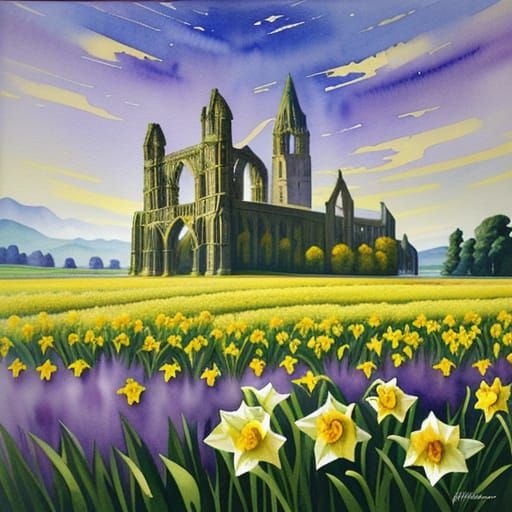 Daffodil Field by Whitby Abbey in Watercolor Style