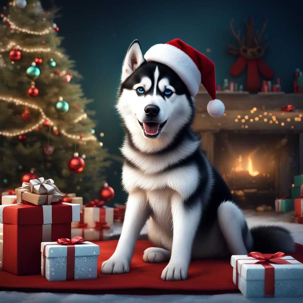 Husky in Santa Hat with Christmas Gifts