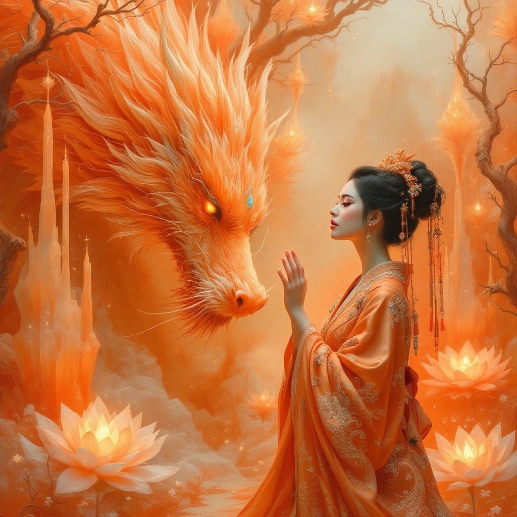 Mystical Geisha Gazing at Iridescent Dragon in Whimsical, Or...