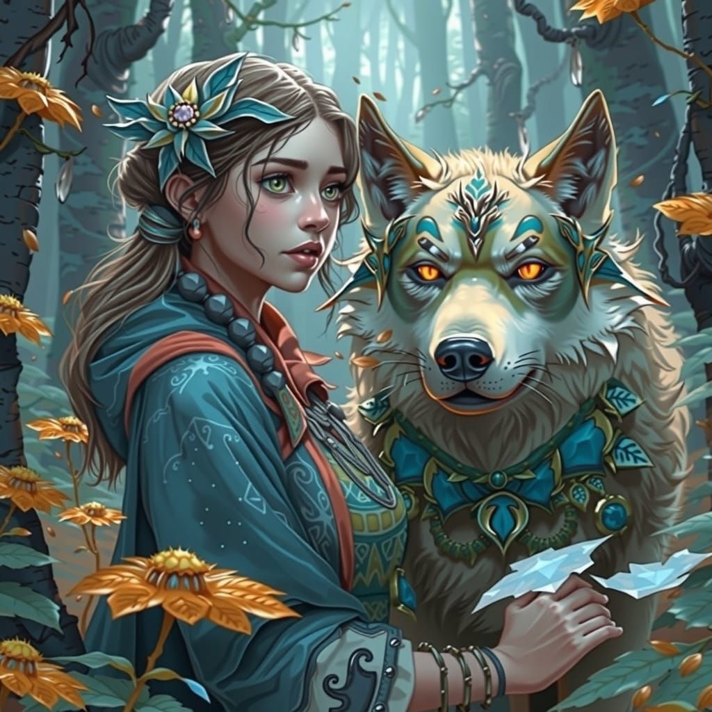 Mystical Forest Path with Woman and Wolf in Ethereal Style