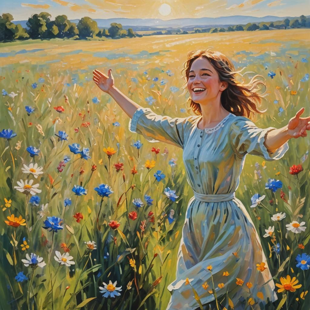 Joyful Person in Meadow as Oil Painting