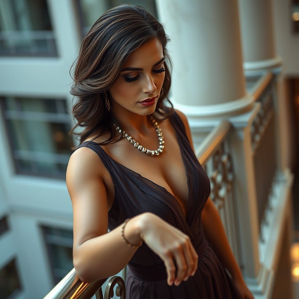 Elegant Brunette on Balcony in Photorealistic Style