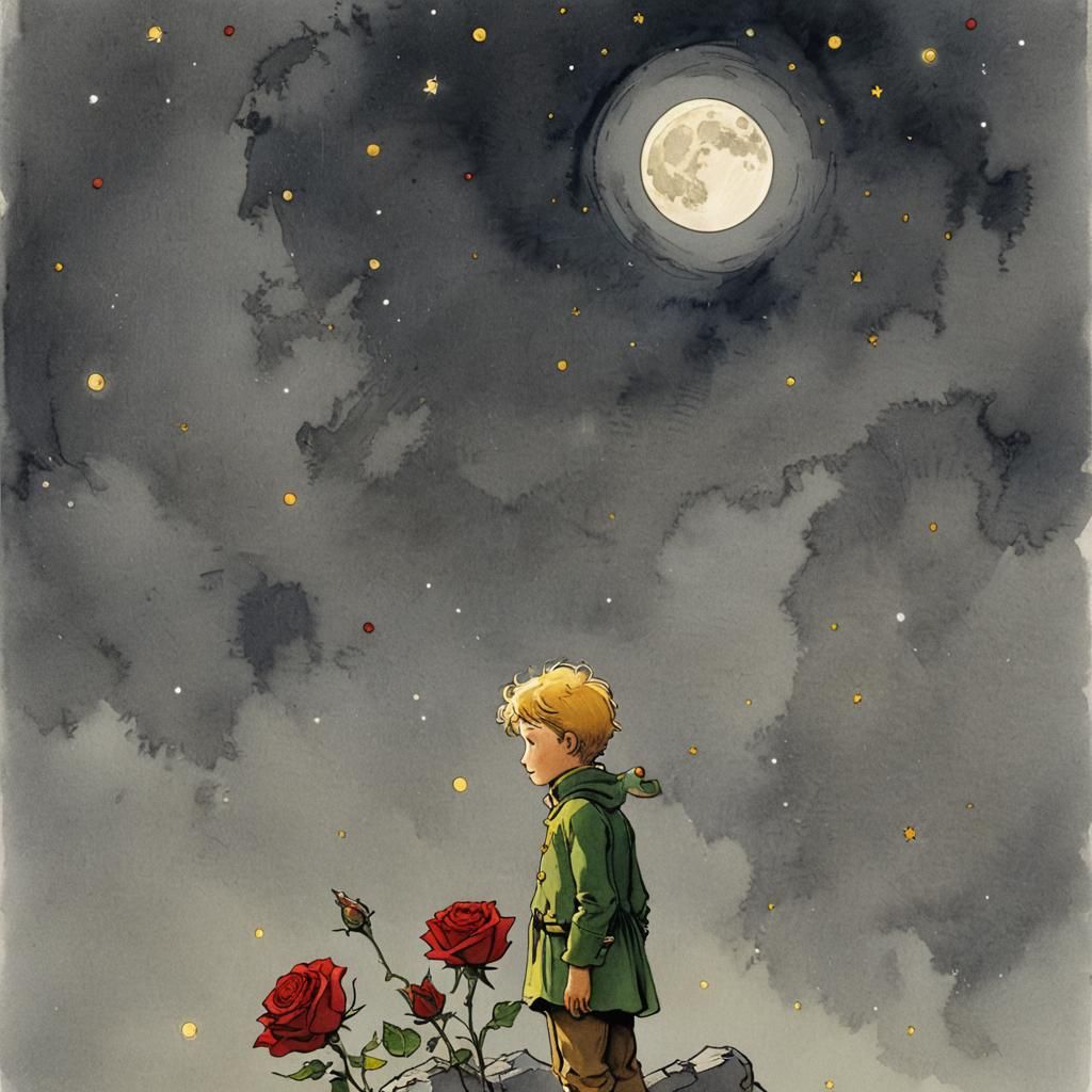 Little Prince Gazing at Crescent Moon with Rose