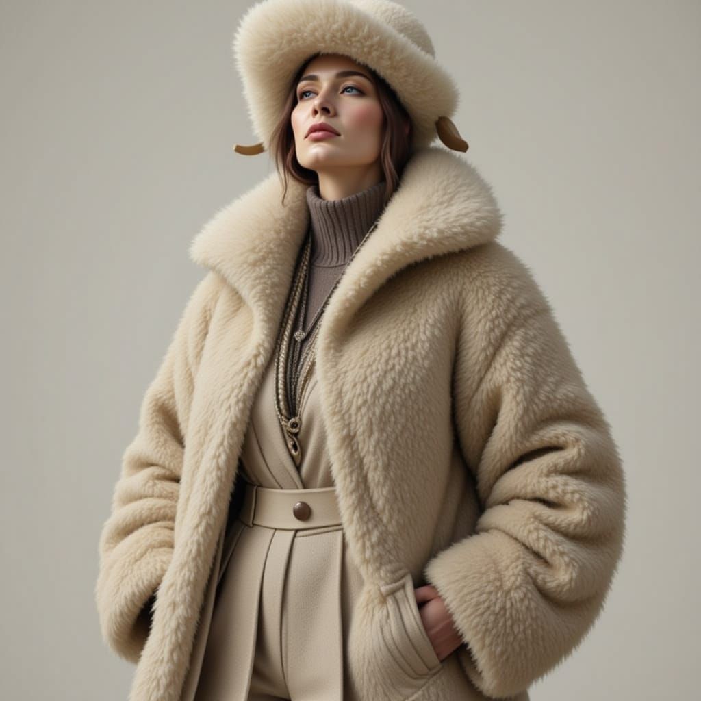 A woman wearing a jacket of fluffy wool like a sheep, with m...