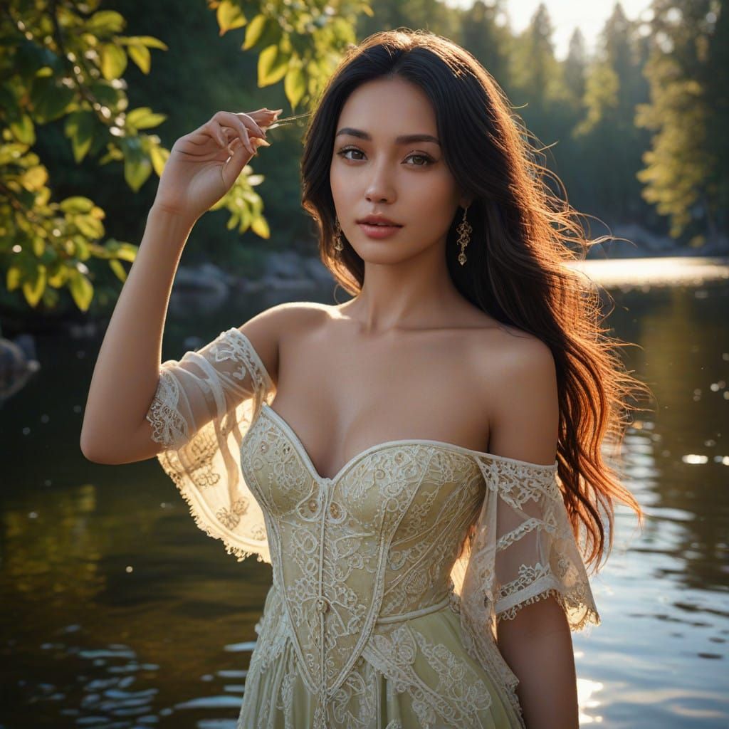 Elegant Indonesian Woman Basks in Golden Lake Sunset