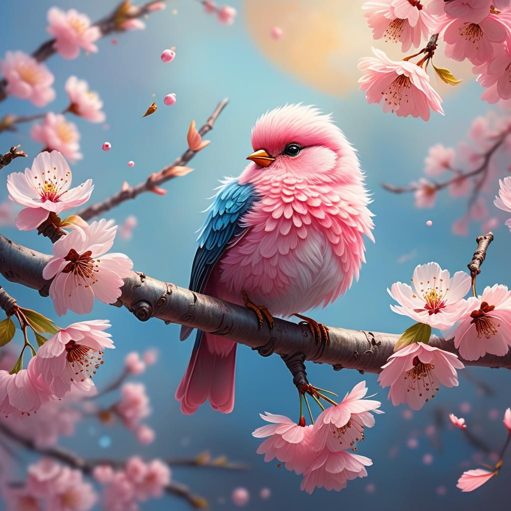 Pink Bird on Cherry Branch: Dreamy Oil Painting