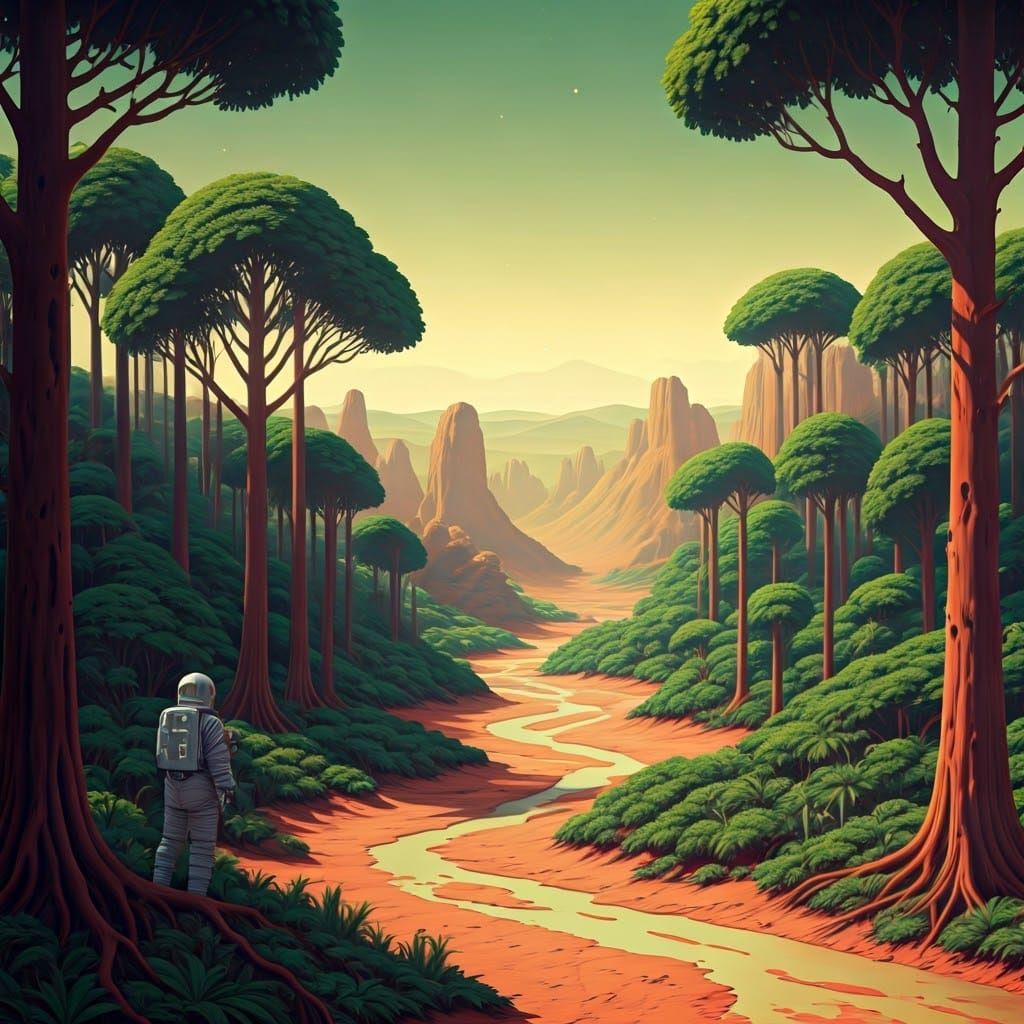 Ethereal Mars Landscape with Towering Trees and Ancient Rive...