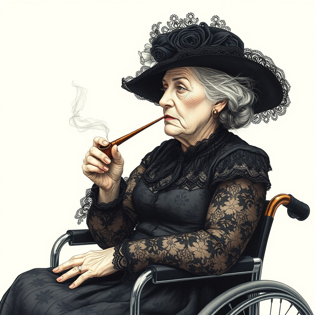 Elegant Woman Reminiscing in Ink and Watercolor